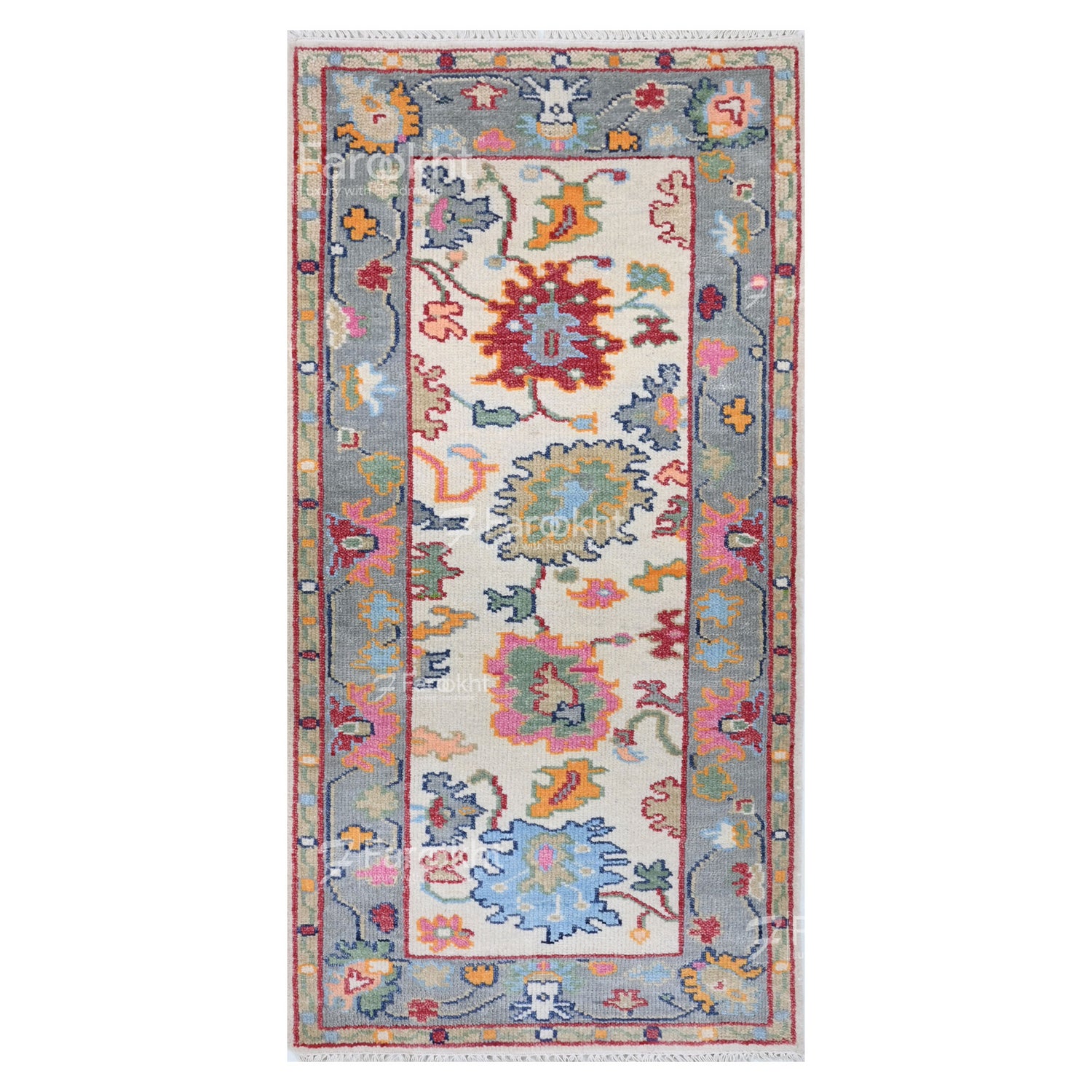 Decorative rug with colorful floral patterns on a white background