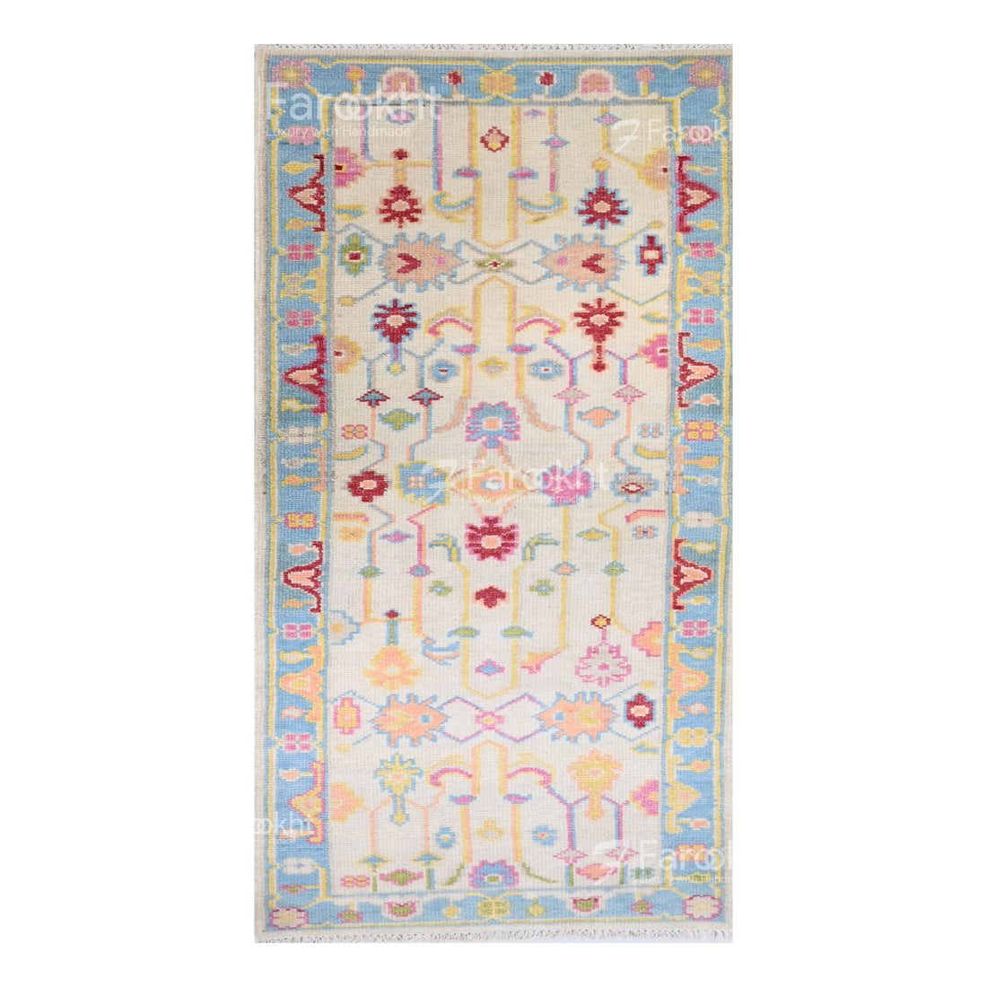 Hand-knotted wool runner rug with pastel floral design