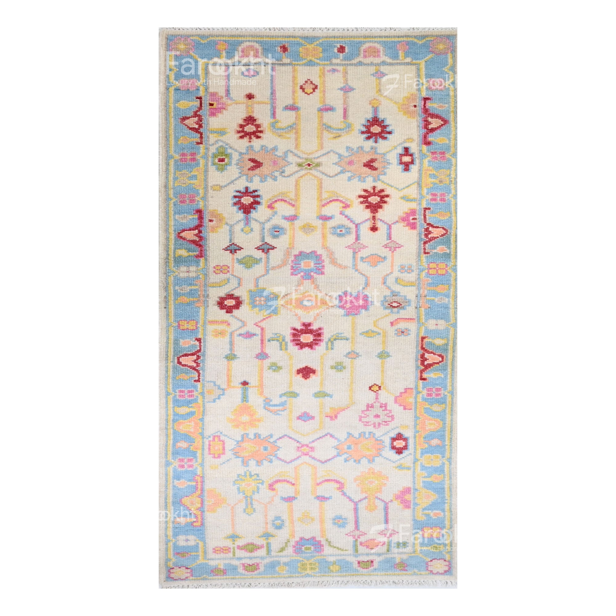 Hand-knotted wool runner rug with pastel floral design