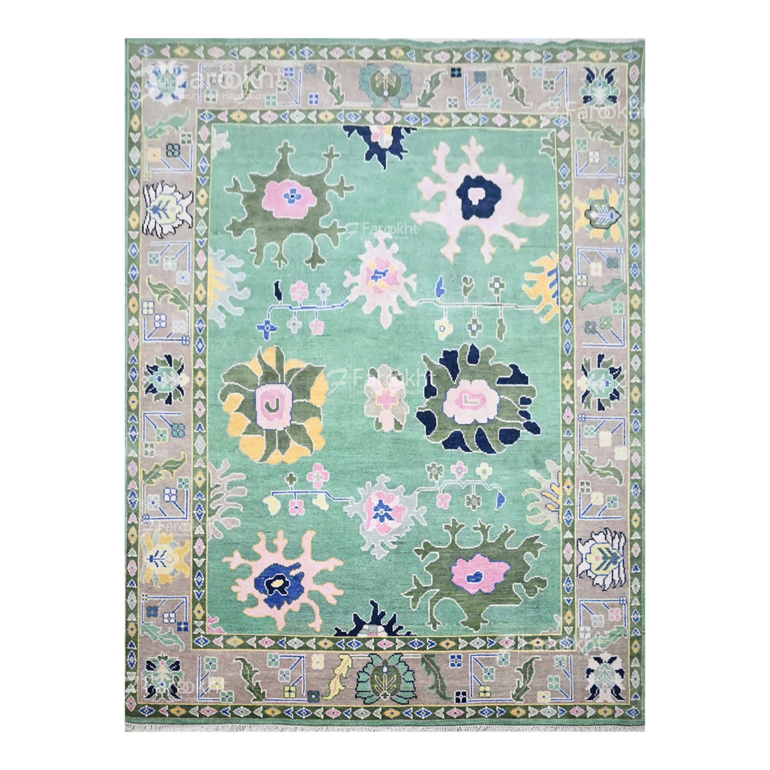 Decorative rug with floral patterns on a light green background