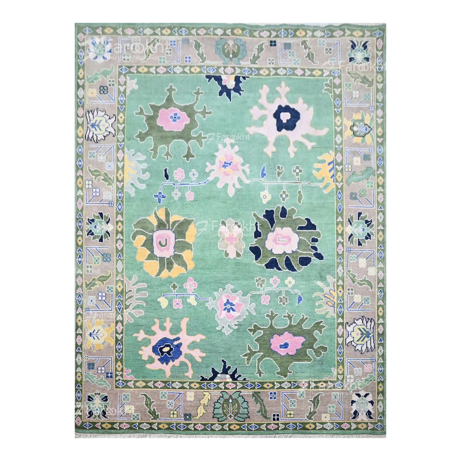 Decorative rug with floral patterns on a light green background