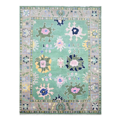 Decorative rug with floral patterns on a light green background