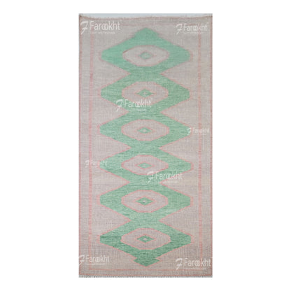 Rug with green geometric pattern on a white background