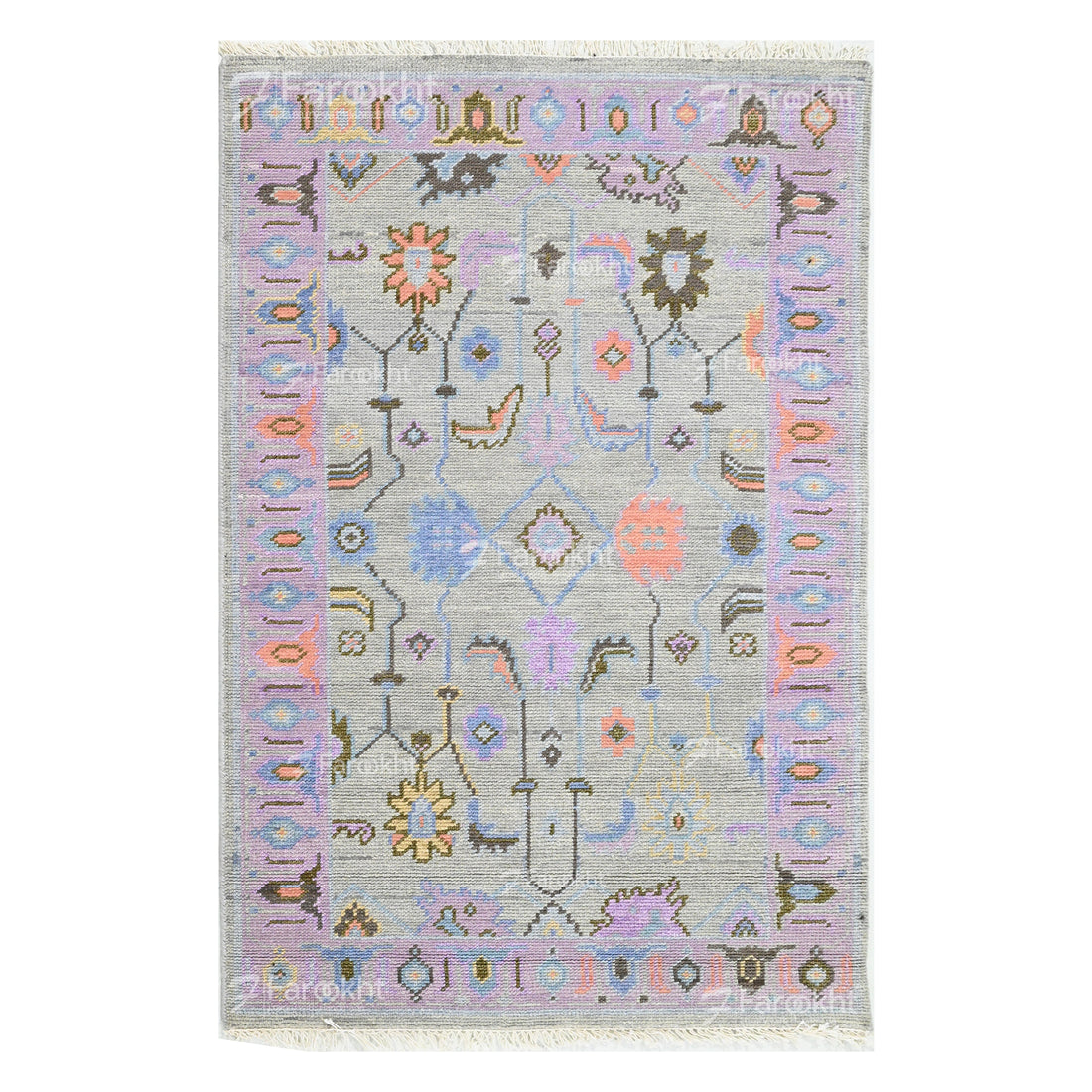 hand-knotted light gray oriental rug with pastel design