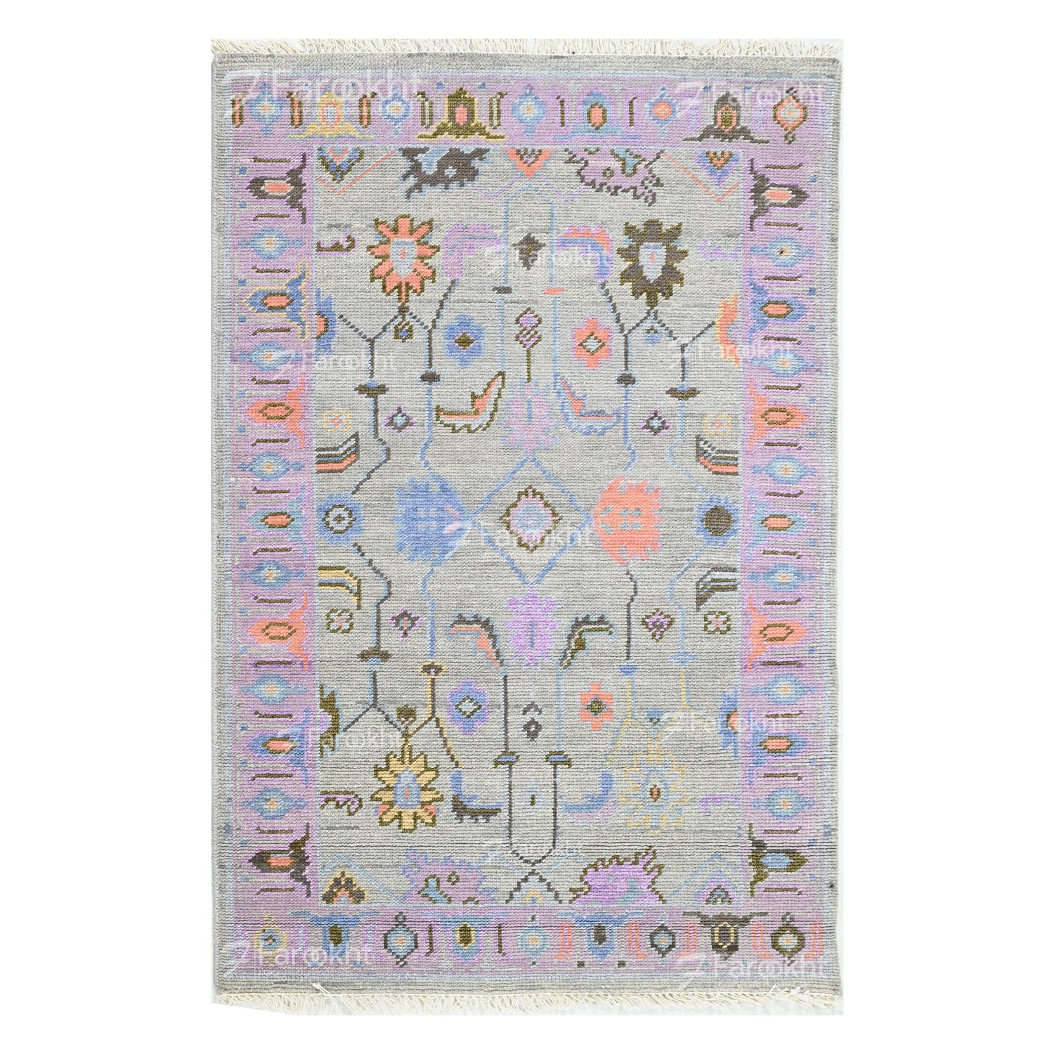 hand-knotted light gray oriental rug with pastel design