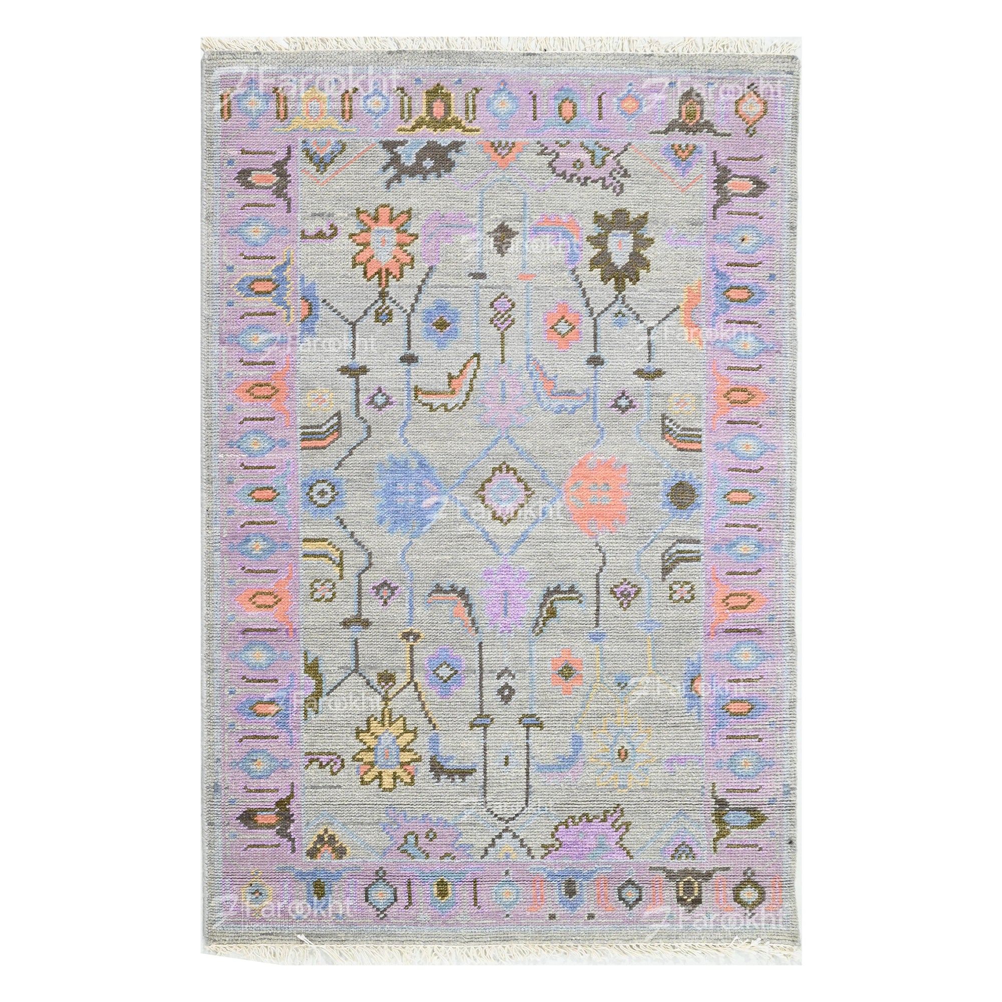 hand-knotted light gray oriental rug with pastel design