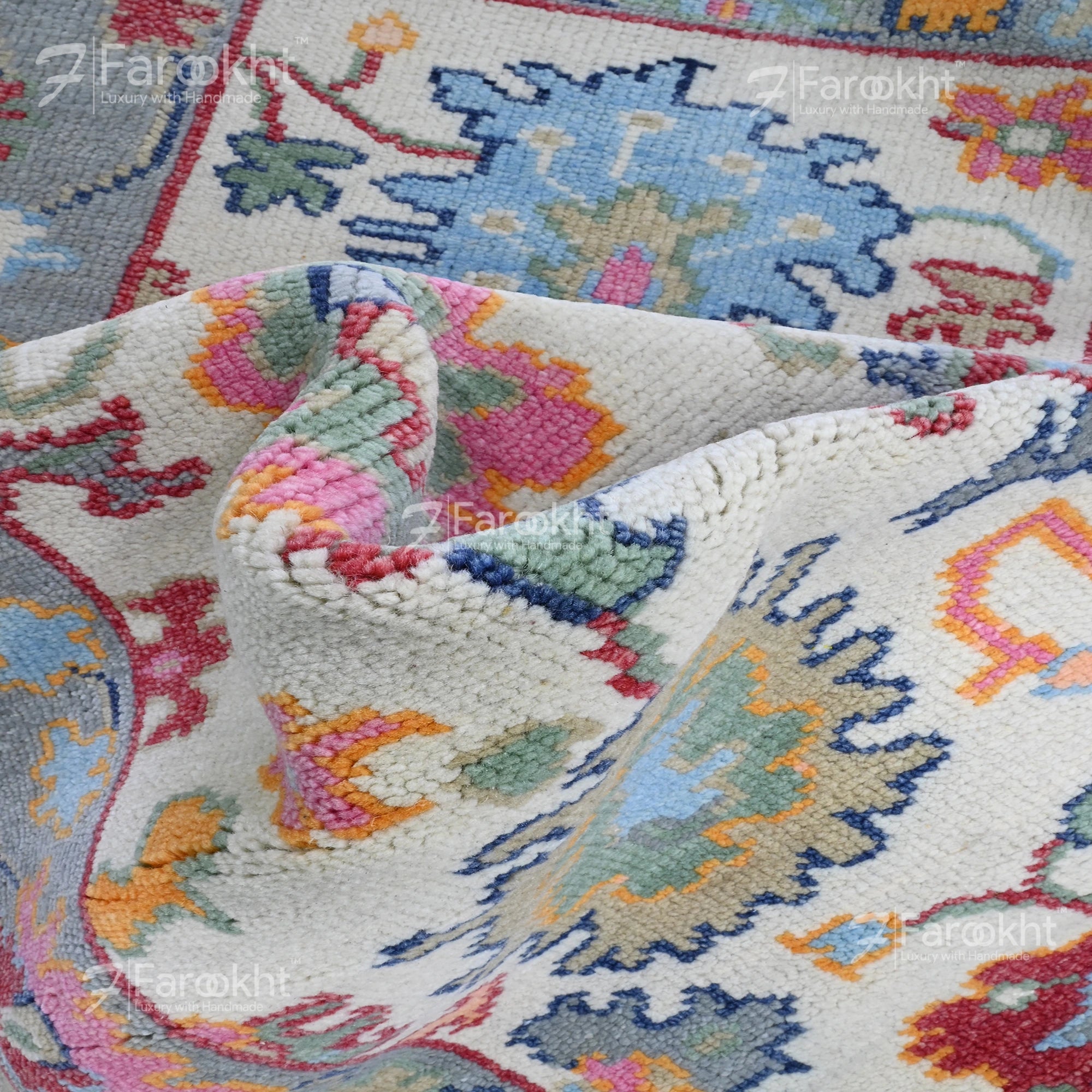 Close-up of a colorful floral-patterned rug with &