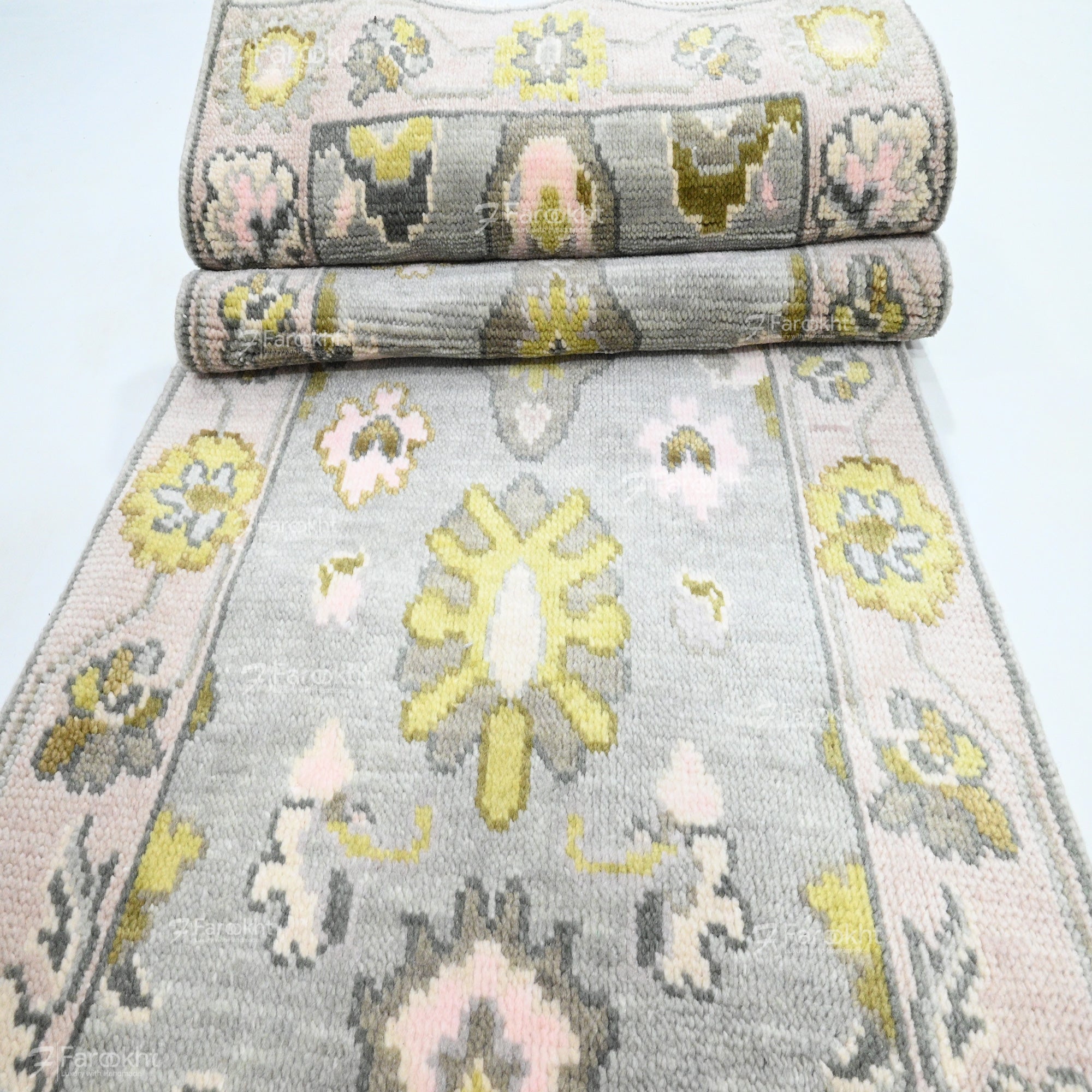 Decorative rug with floral pattern on a light blue background