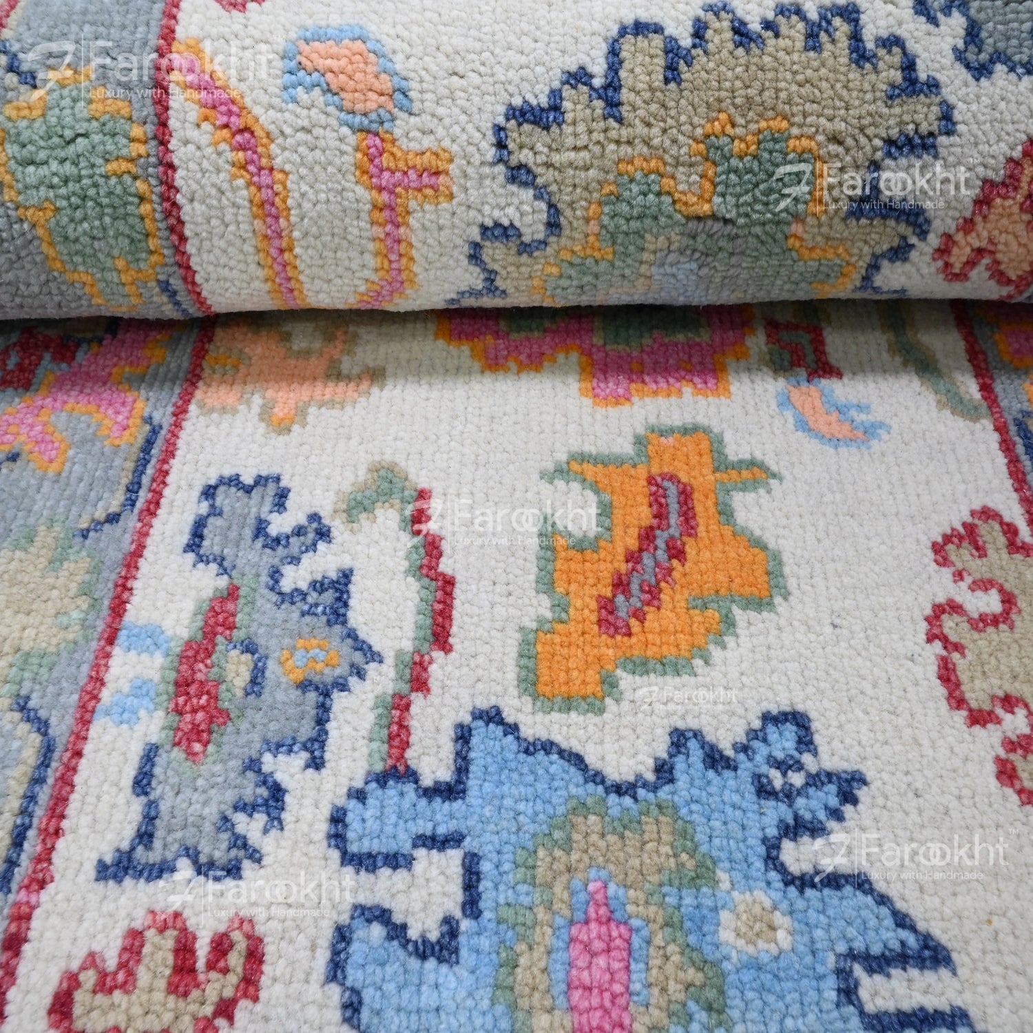 Close-up of a patterned rug with multicolor design