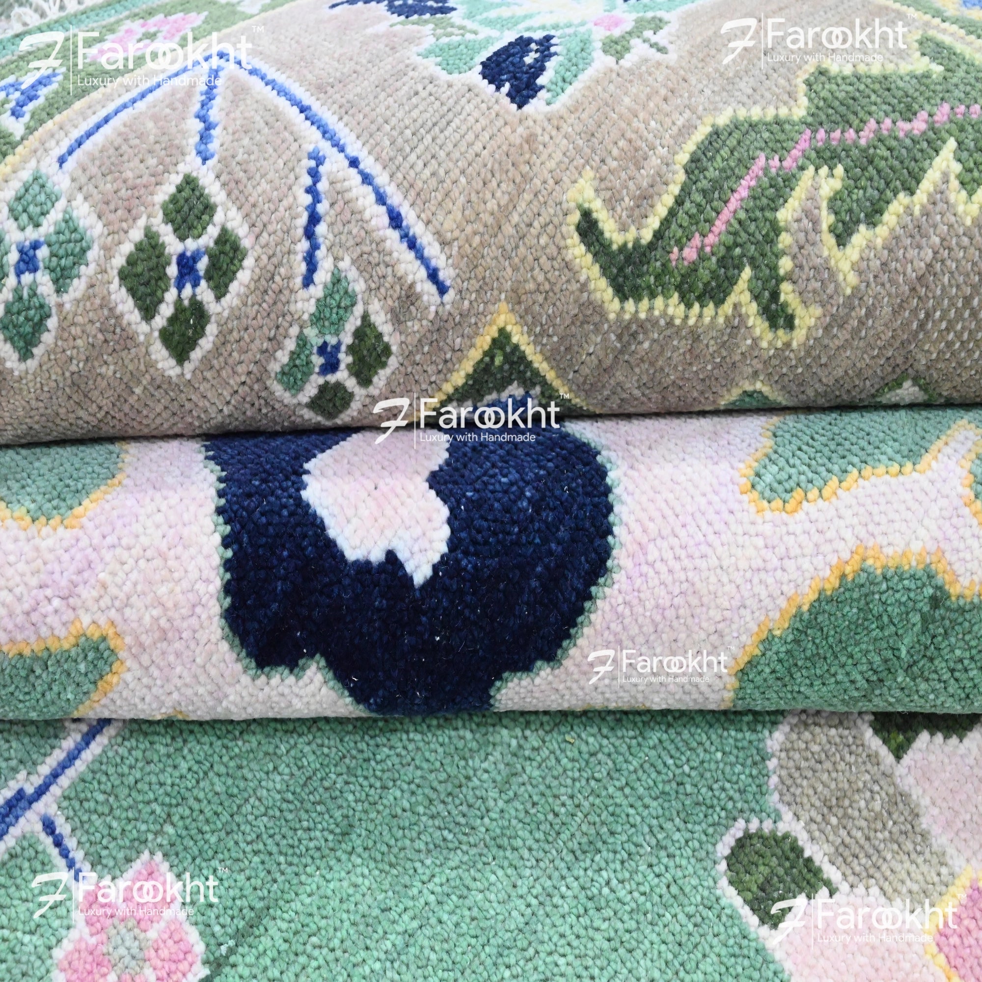 Close-up of patterned rugs with  Farookht&