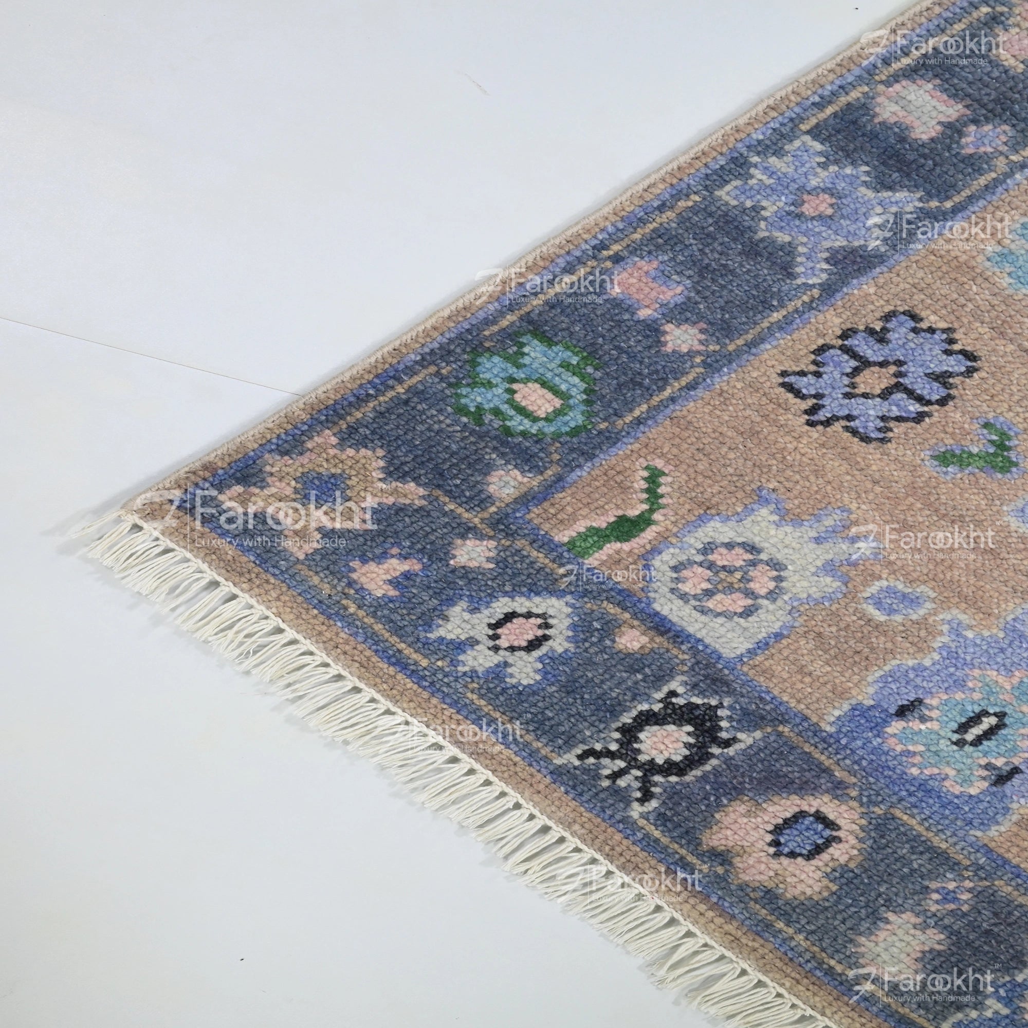 Decorative rug with floral patterns on a white floor