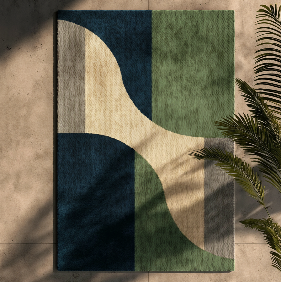 Geometric patterned rug with abstract shapes on a beige floor.