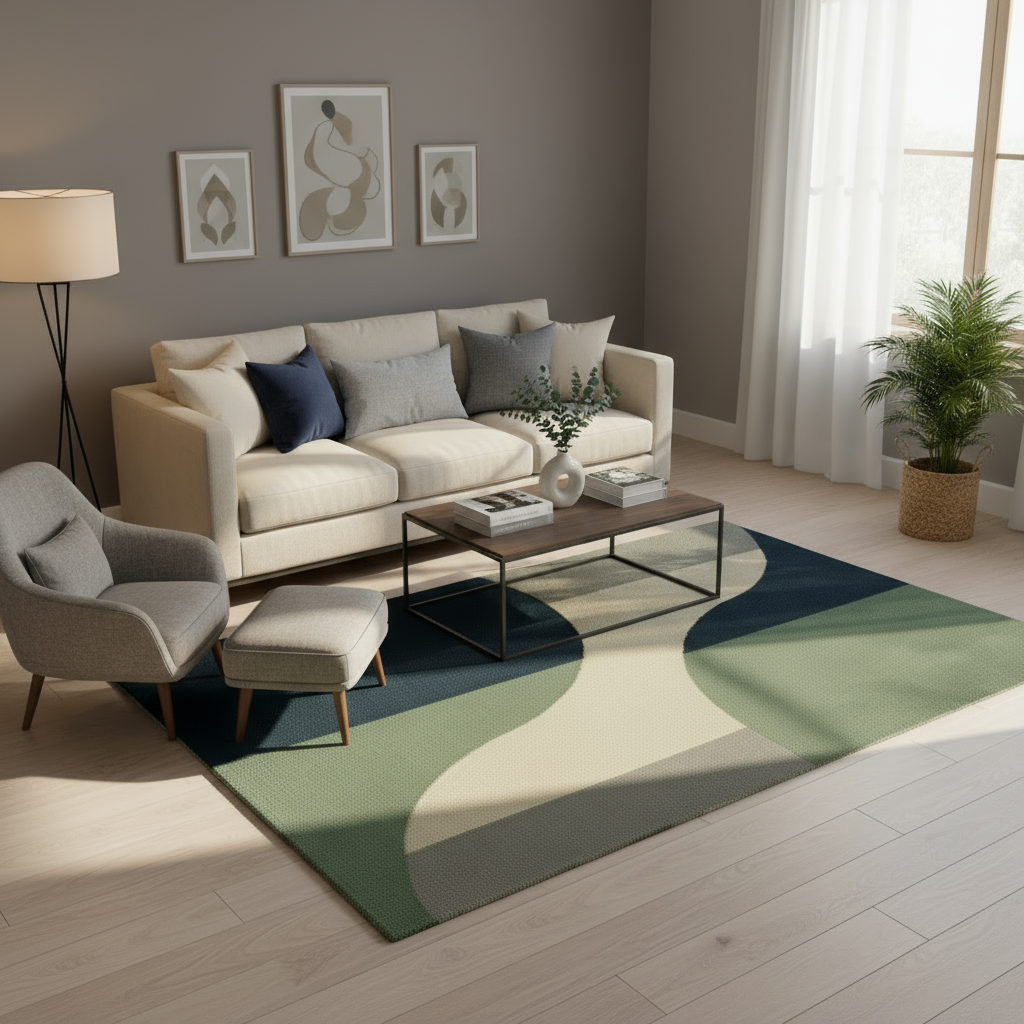 Modern living room with a beige sofa, armchair, and coffee table on a colorful rug.