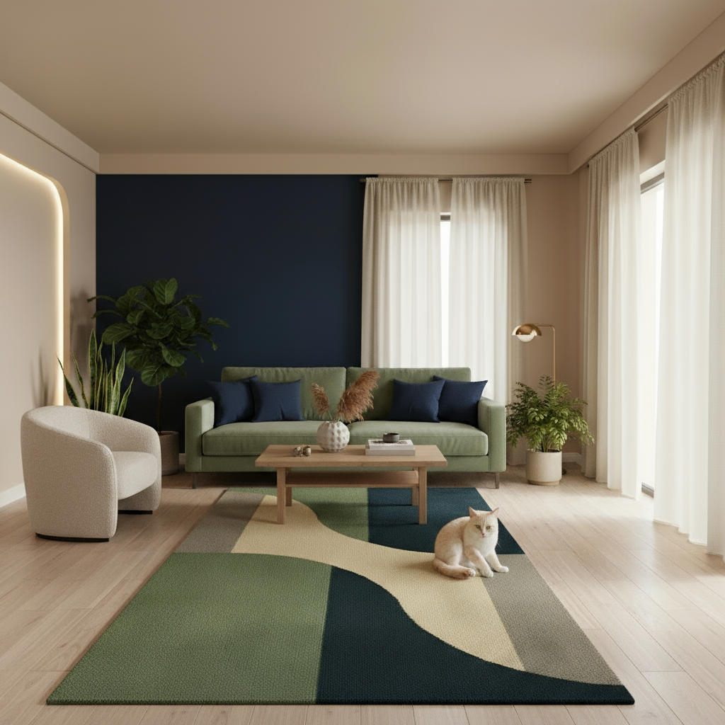 Modern living room with a green sofa, rug, and decor elements.