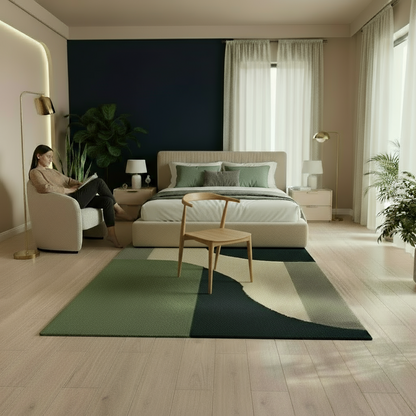 Modern bedroom with a bed, chair, and rug.