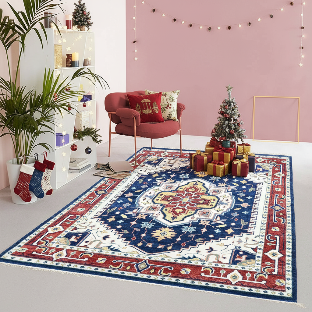 Decorative rug with Christmas tree and presents in a room with pink walls and plants.