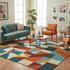 abstract geometric mid century modern rug with multicolor in living room interior decoration and area 1:1