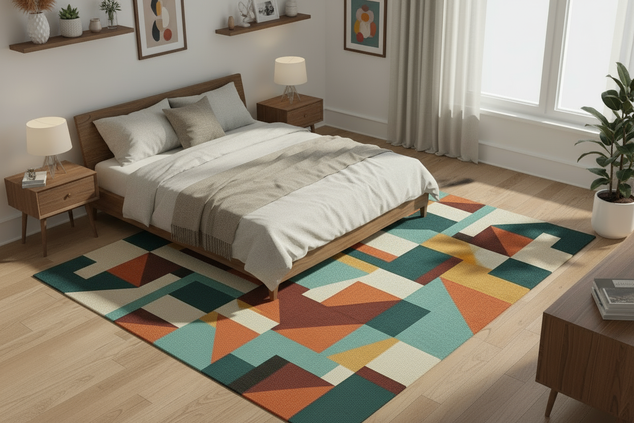 Bedroom with a colorful geometric rug on the floor