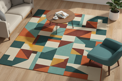 Colorful geometric-patterned rug in a living room with a coffee table and chairs.