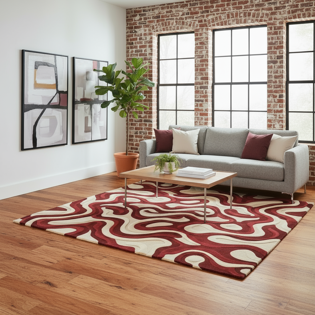 Contemporary burgundy and ivory hand-tufted rug with artistic abstract pattern