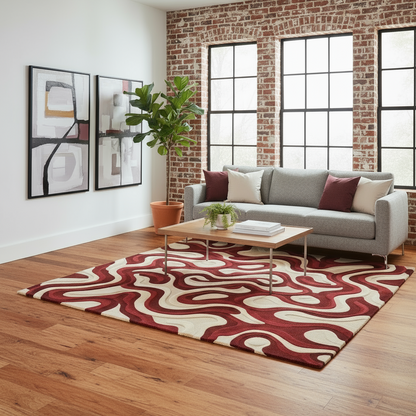 Contemporary burgundy and ivory hand-tufted rug with artistic abstract pattern