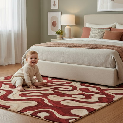 Beige and burgundy modern art rug for living room and bedroom interiors