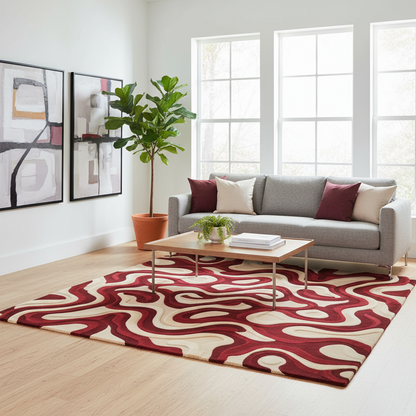 Soft wool blend rug in red and cream tones with unique abstract swirl design
