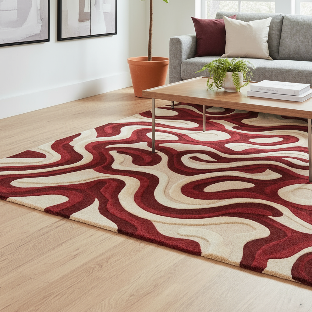 Contemporary burgundy and ivory hand-tufted rug with artistic abstract pattern