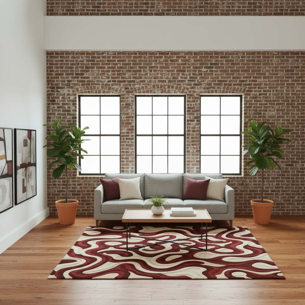 High-quality hand-tufted wool area rug with flowing red and beige organic shapes