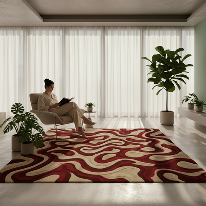 Modern geometric red and beige area rug with 3D wavy design for living room décor