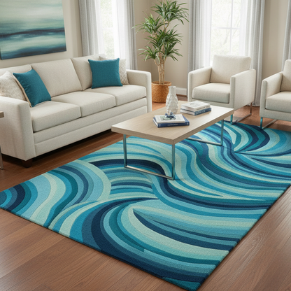 Living room with a blue and green wavy rug, white sofa, and coffee table.