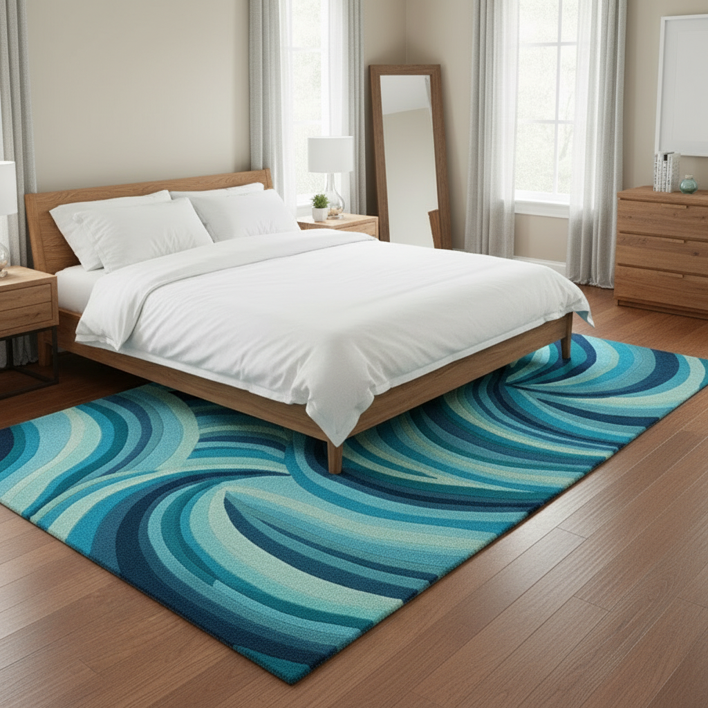 Bedroom with a wooden bed and blue wavy rug