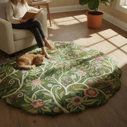 Handcrafted round floral area rug in sage green and blush tones made from soft premium wool.