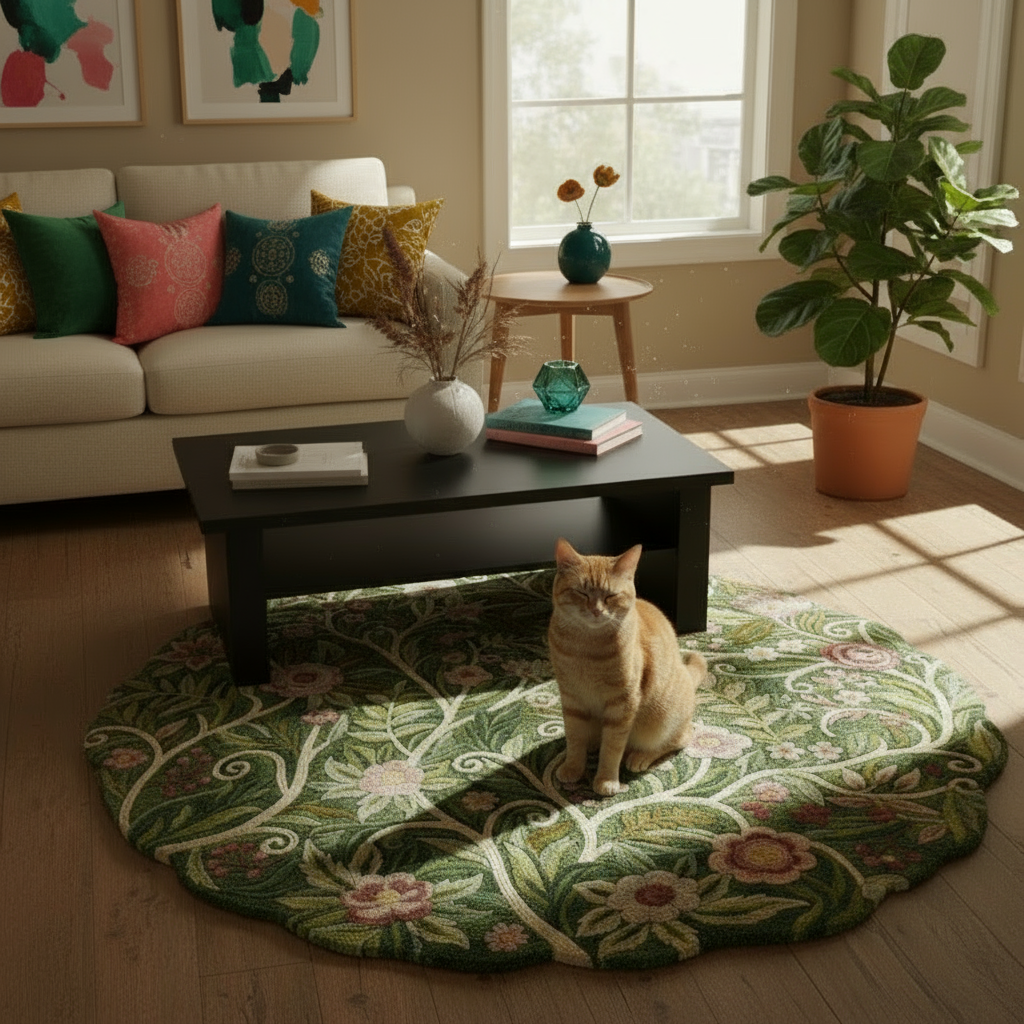 Round green floral hand-tufted wool rug placed in a cozy living room with wooden flooring and natural sunlight.