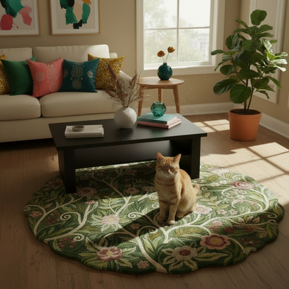 Round green floral hand-tufted wool rug placed in a cozy living room with wooden flooring and natural sunlight.