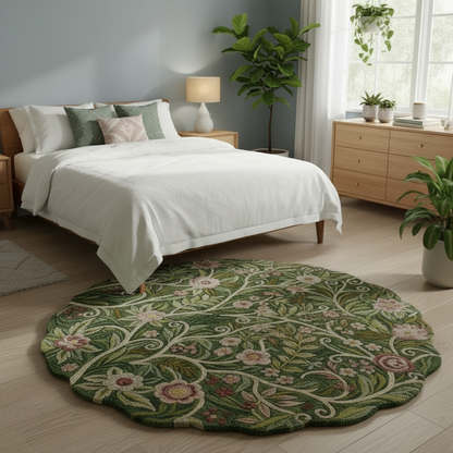 Elegant hand-tufted wool rug with vintage-inspired botanical pattern for bedroom or all living spaces.
