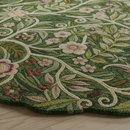 Green and ivory floral wool rug adding warmth and style to minimalist modern home interiors.