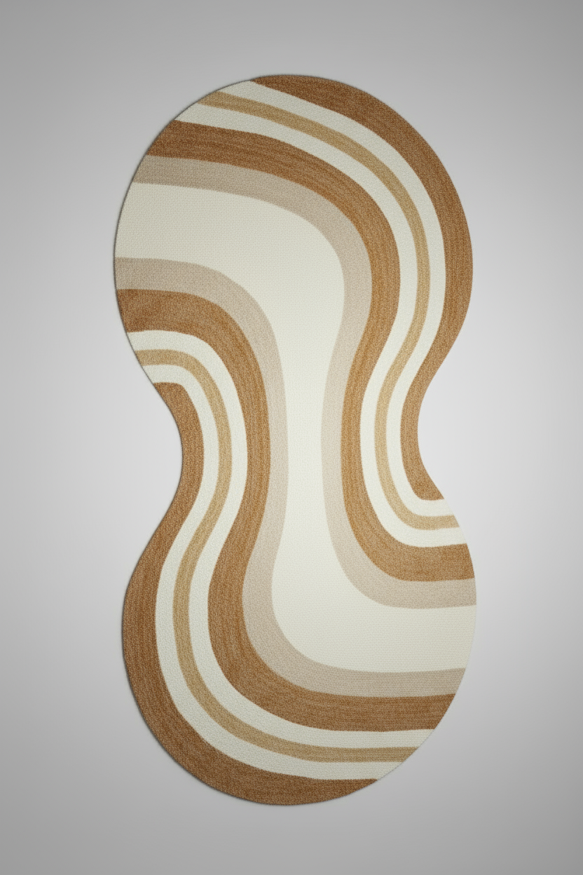 Rug with wavy brown and beige pattern on a plain background