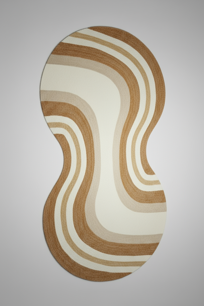 Rug with wavy brown and beige pattern on a plain background