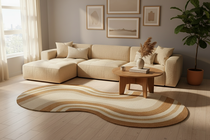 Beige Cream Abstract Wavy Wool Rug