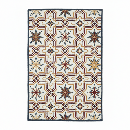 Ivory, burgundy, and gold Moroccan geometric area rug with star pattern.
