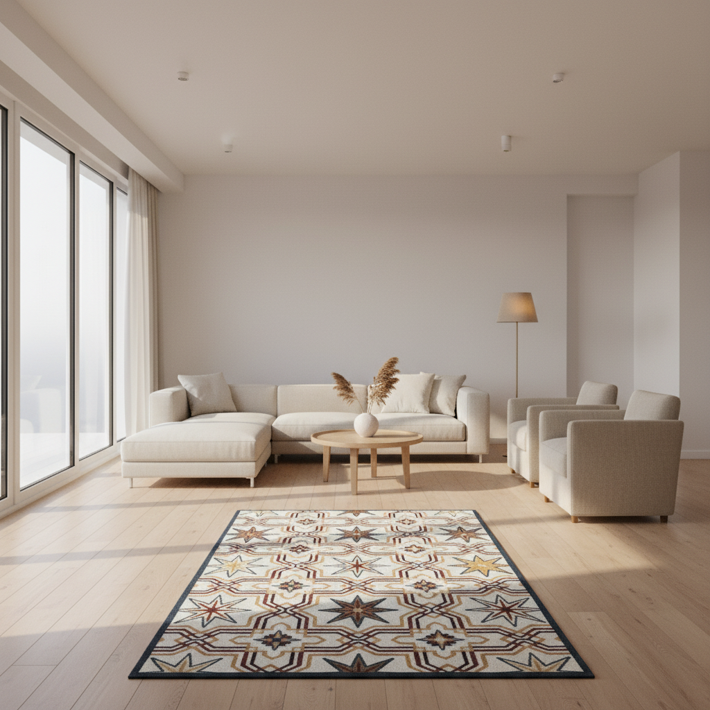 Rectangular area rug featuring a complex, colorful geometric pattern suitable for living spaces.