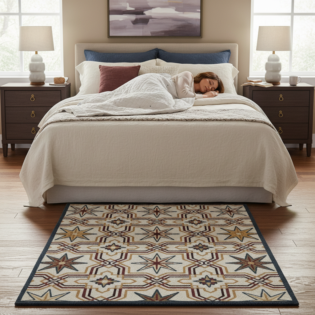 6x9 area rug, hand tufted wool blend, Moroccan design, ivory color.