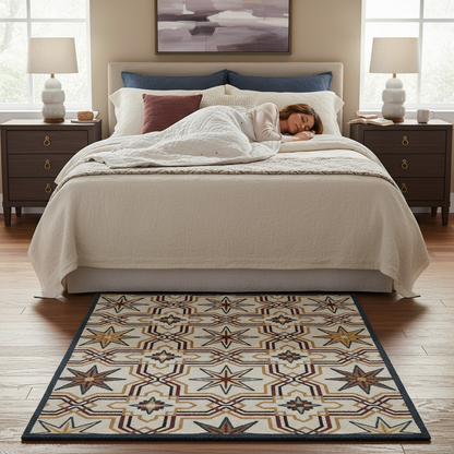 6x9 area rug, hand tufted wool blend, Moroccan design, ivory color.