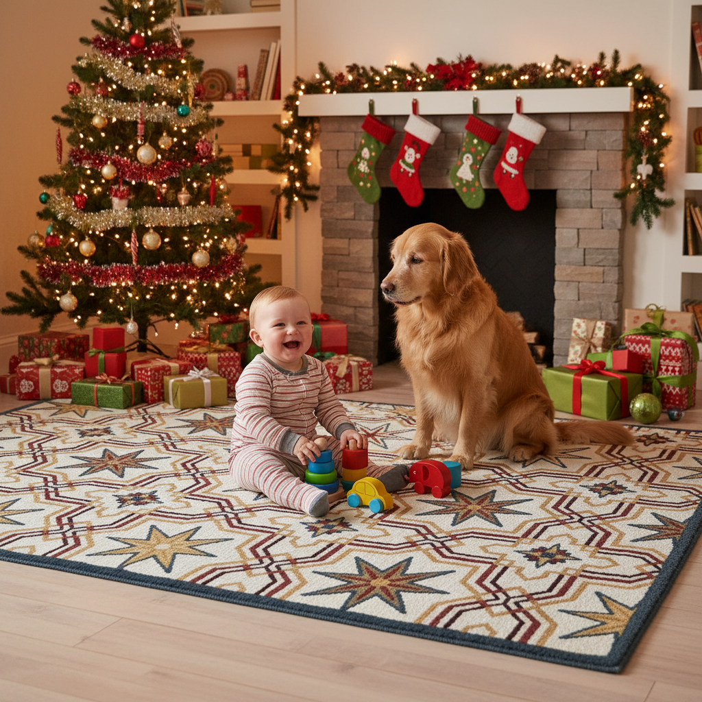 Hand tufted wool and silk blend 6x9 ft rug with intricate geometric design.