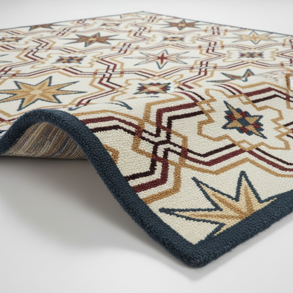 Handmade ivory rug with striking star motifs and deep blue border.