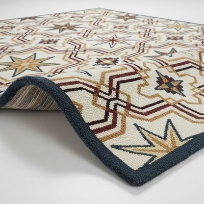 Handmade ivory rug with striking star motifs and deep blue border.