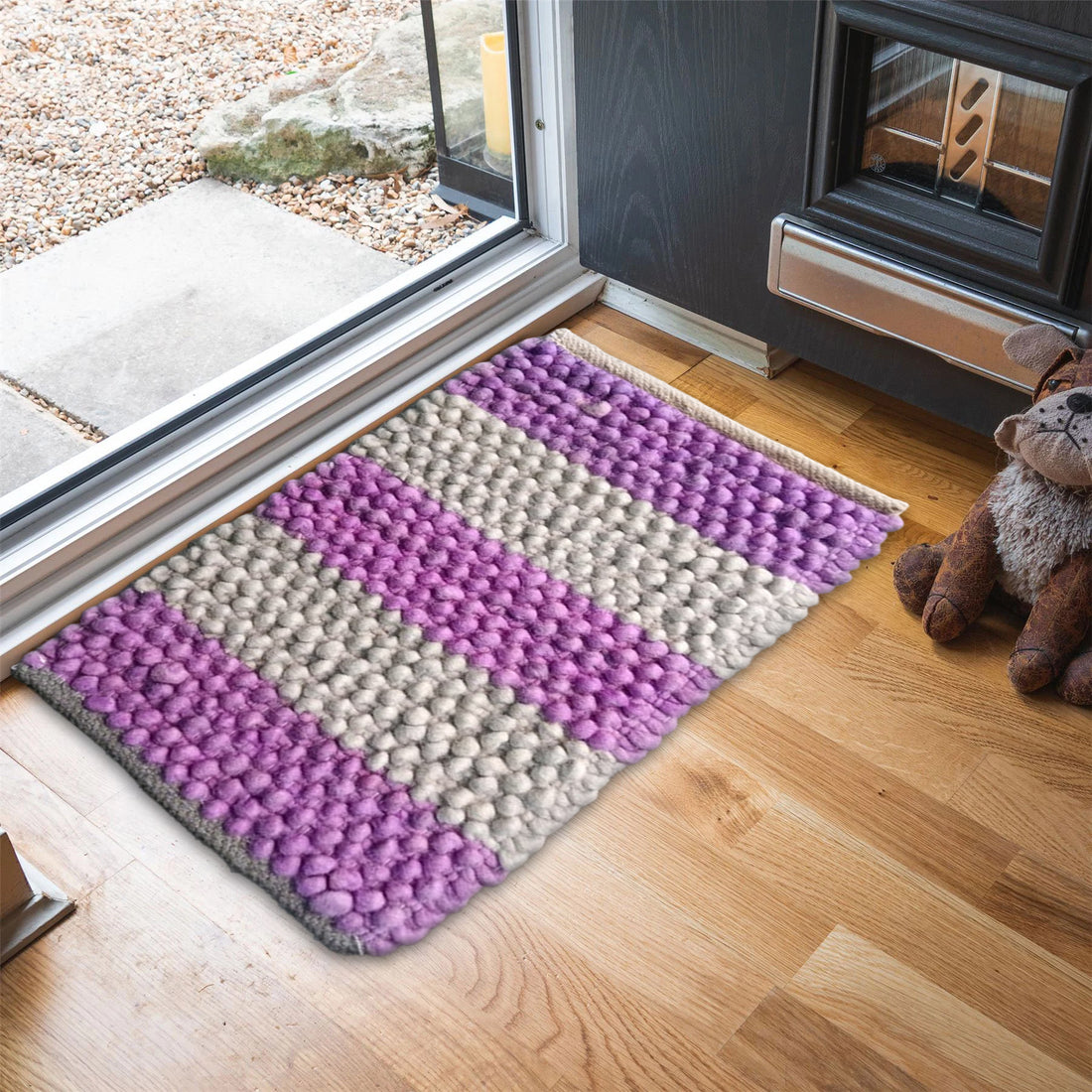Wool Doormat - Purple Gray Striped Indoor Entry Mat - F - DM -02