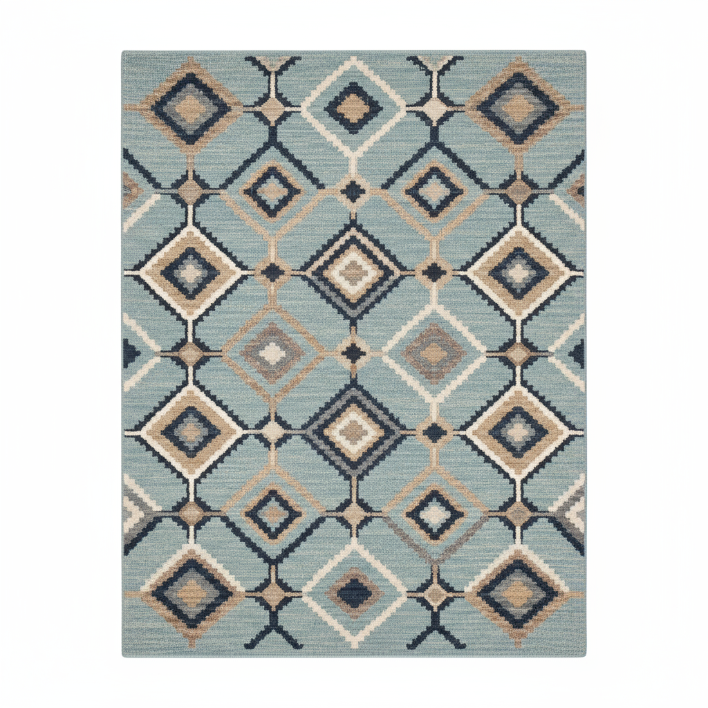 Patterned rug with geometric design on a light blue background