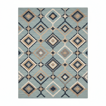 Patterned rug with geometric design on a light blue background